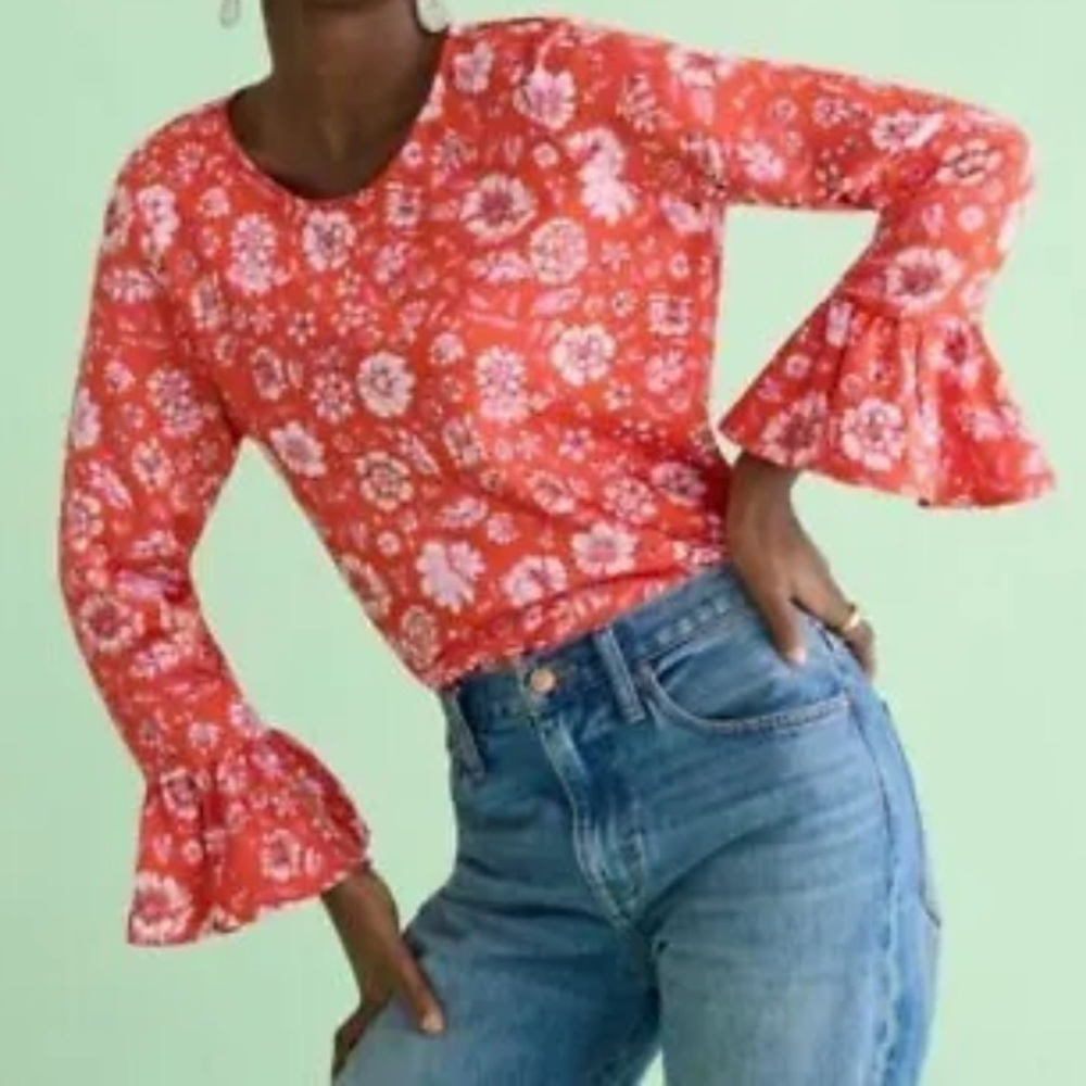 J. Crew | Garden Top in Poppy Fields Long Bell Sleeves Size Small